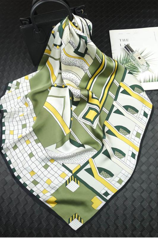 Foulard Shawl Silk Satin 90X90 Geometry Green Yellow Wight Black